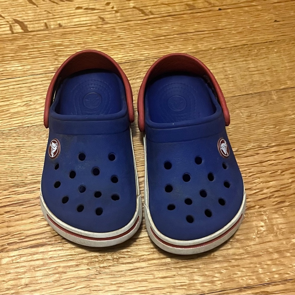 Red white and blue crocs